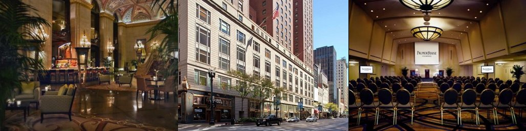Palmer House Hilton lobby, hotel exterior on State Street, and a meeting room